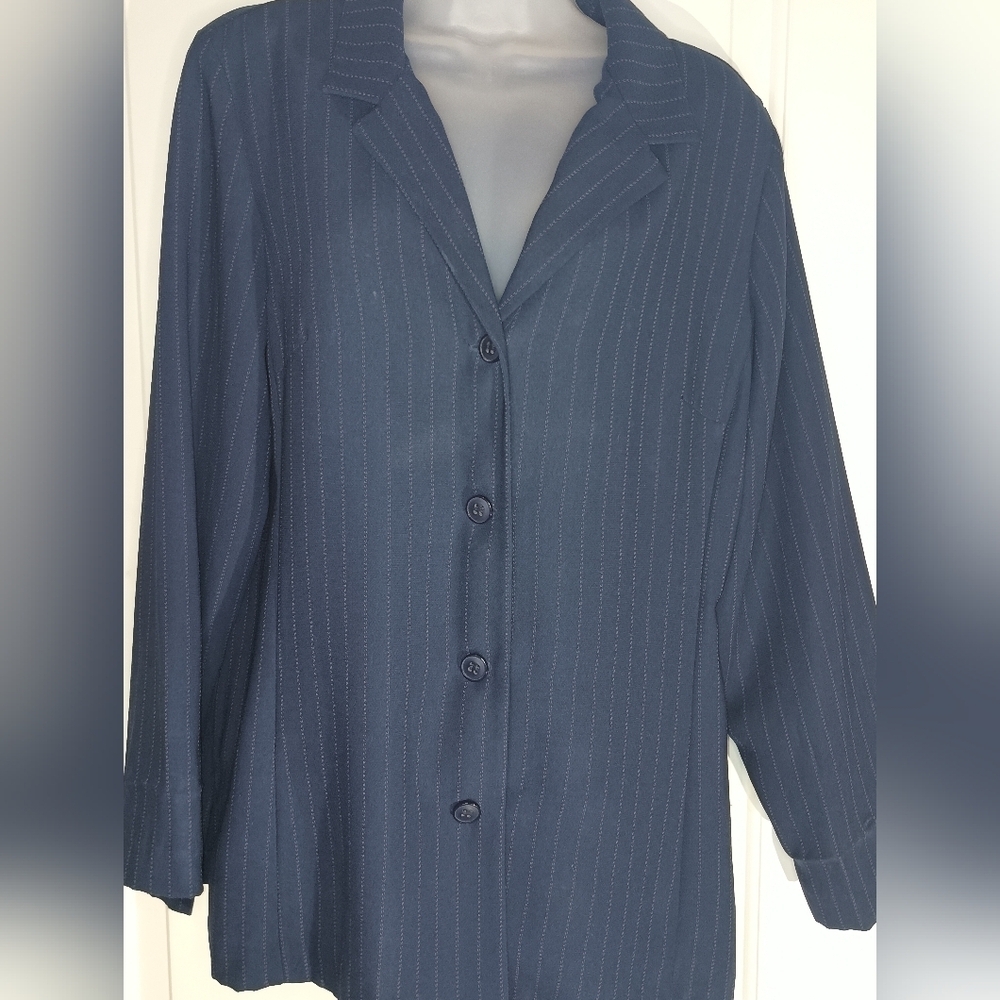 JACLYN SMITH Navy Business Office Work Pinstripe Double-Breasted Blazer (#1,230)